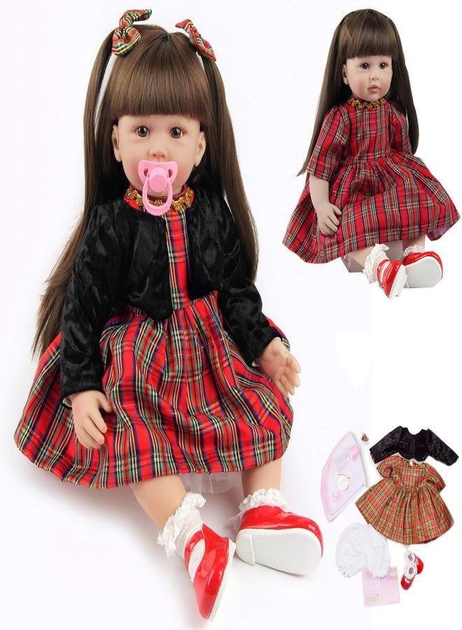truly soft Realistic Baby Doll with Long Hair, Red Plaid Dress, and Black Sweater, 24 Inches Realistic Baby Doll Soft Silicone Vinyl Lifelike Newborn Baby Girl, Real Baby with Soft Weighted Body - Image 1